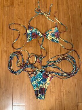 Tropical Print String Bikini Set - Yellow & Teal Floral Small